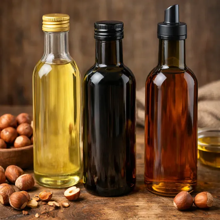 Hazelnut oil in glass bottles illustration