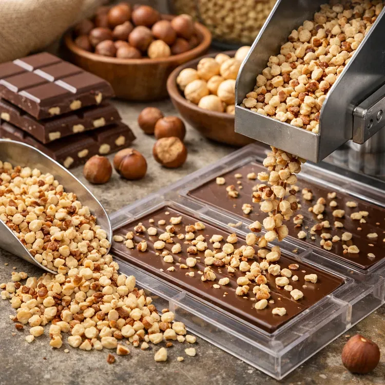 Hazelnut pieces for chocolate bars (inclusion dosing) illustration